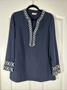 Tory Burch Navy Tunic with White Geometric Trim size 10